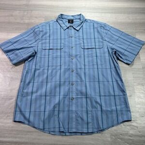SCOTTeVEST Shirt Mens XL Blue Plaid Travel Utility Short Sleeve Button Up Hiking